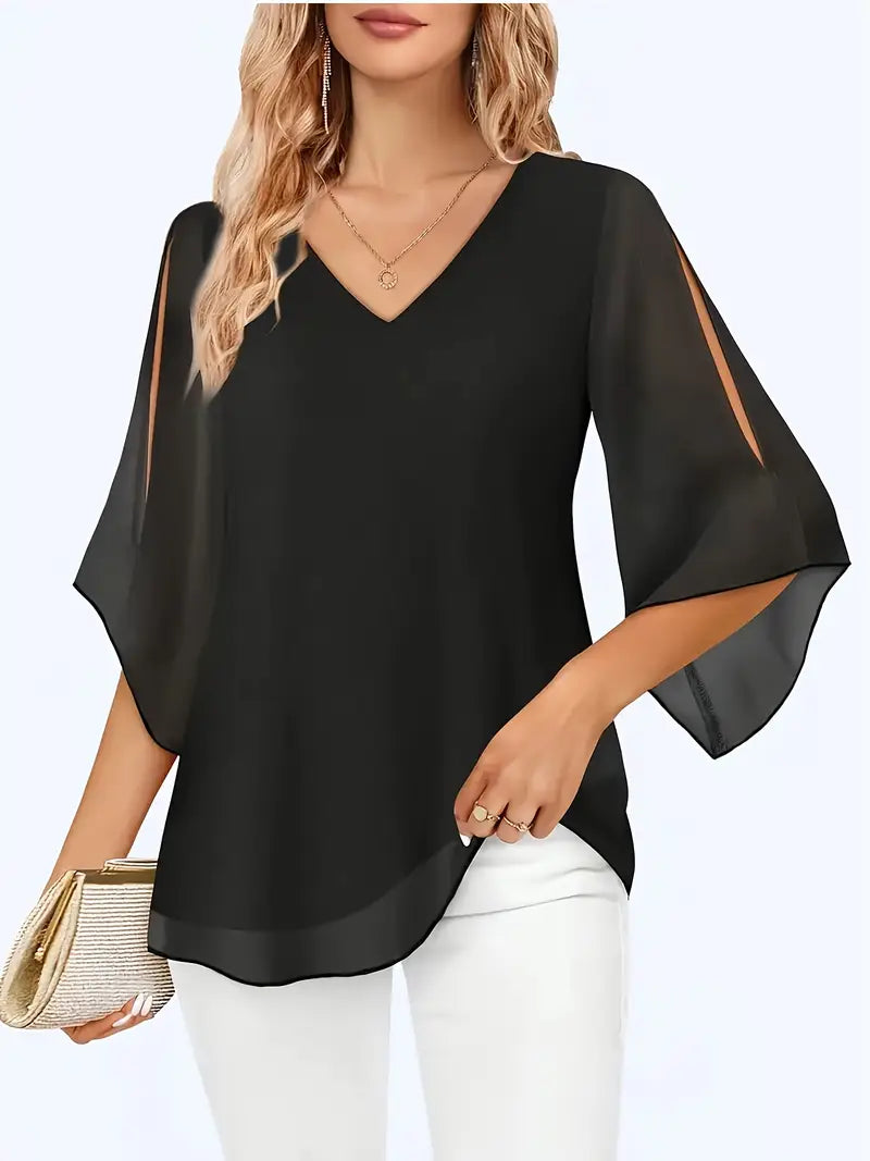 Elegant V-Neck Shirting Blouse, 3/4 Sleeve Top With Double Layer Mesh, Hollow Details, Casual & Formal Blouse