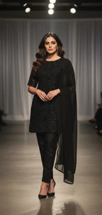 Modern Net Embroidered Short Shirt Suit - Sequins Round Neck Top With Plain Trouser & Dupatta.