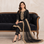 Black Embroidered Lace Three Piece Suit