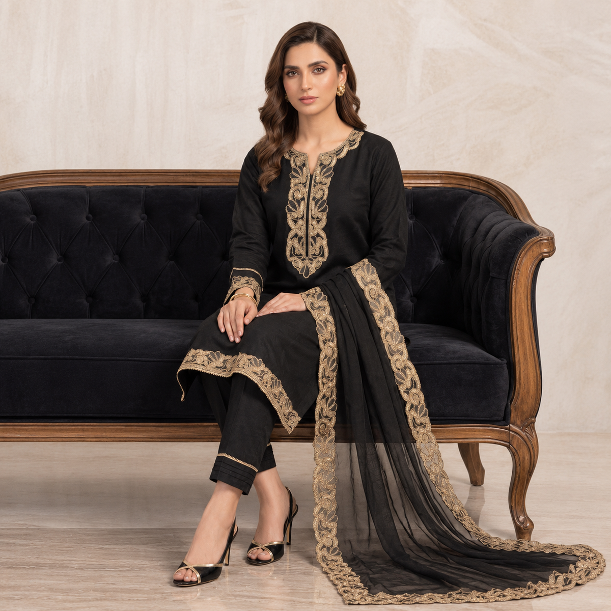 Black Embroidered Lace Three Piece Suit