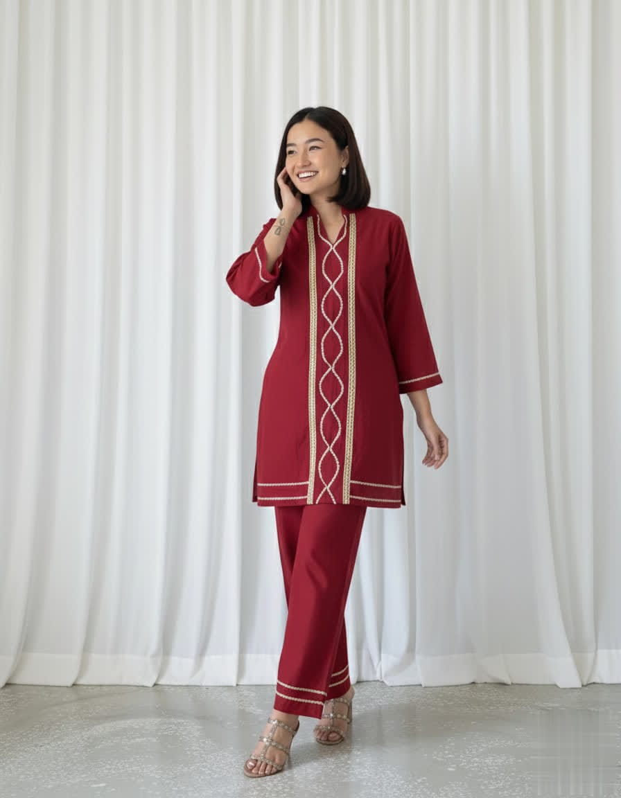 Cotton Slub Kurti Palazzo Set – Soft Co-Ord With Elegant Lace Detailing - Comfortable Daily Wear Kurta & Palazzo For Women