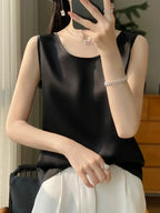 Elegant Low-Neck Sleeveless Tank Top – Semi-Sheer Stretchy Shirt, Layering Piece, Lightweight Top For Casual Wear