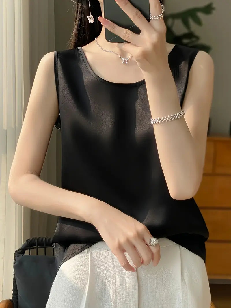 Elegant Low-Neck Sleeveless Tank Top – Semi-Sheer Stretchy Shirt, Layering Piece, Lightweight Top For Casual Wear