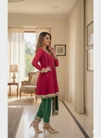 Stylish Red And Green Empire Cut A-Line Kurta With Trouser & Gotta Patti Dupatta.