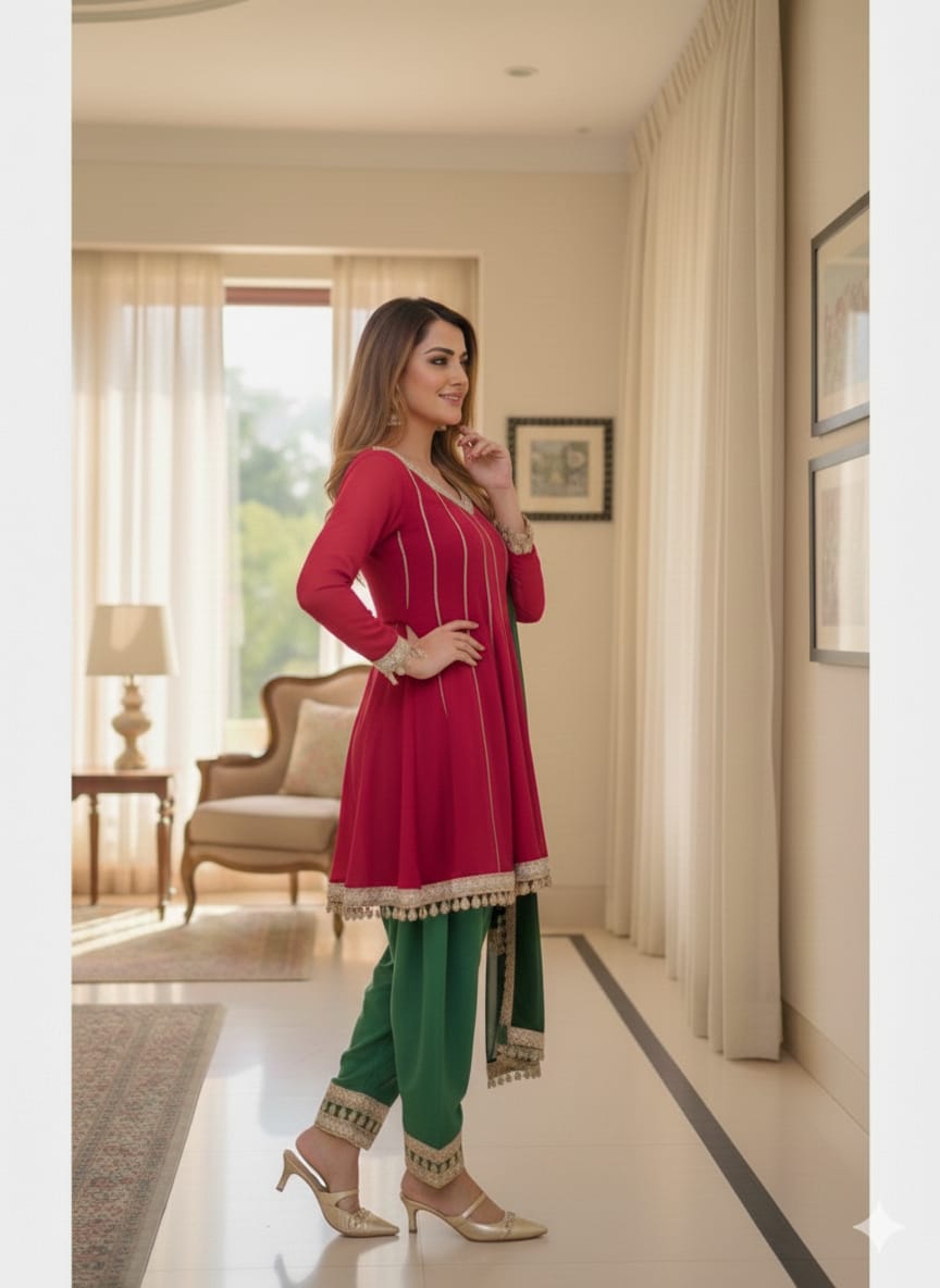 Stylish Red And Green Empire Cut A-Line Kurta With Trouser & Gotta Patti Dupatta.