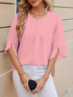 Elegant Puff Sleeve Blouse – Round Neck Button-Front Slit Hem, Short Jacket-Inspired Top For Casual And Office Wear