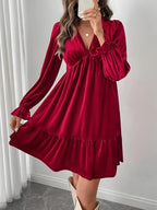 Elegant Burgundy A-Line Mini Dress – Long Sleeve Ruffled Hem Party Dress, Knee-Length Flowy Outfit