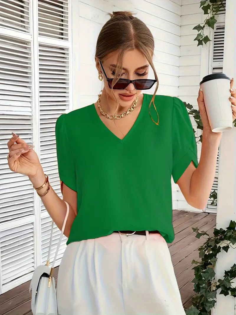Elegant V-Neck Blouse, Non-See-Through Smooth Fabric, Casual And Office Shirt, Wardrobe Essential