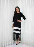 Elegant Black & White Layered Midi Dress For Women – Contrast Panel Straight Fit Dress With 3/4 Sleeves & Sheer Hem - Modest Office & Formal Wear