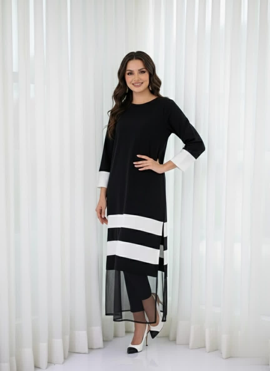 Elegant Black & White Layered Midi Dress For Women – Contrast Panel Straight Fit Dress With 3/4 Sleeves & Sheer Hem - Modest Office & Formal Wear