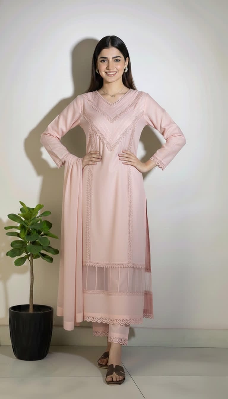 Cotton Lace Kurta Set For Women – 3 Piece Ethnic Suit With Chiffon Dupatta. |