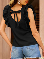Elegant Ruffle Trim Blouse, Sleeveless Crew Neck Top, Non-Stretch Fabric, Casual & Dressy Outfit