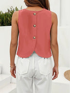 Backless Button-Up Linen Shirt – Sleeveless Round Neck Blouse With Side Slit, Versatile Office And Casual Attire