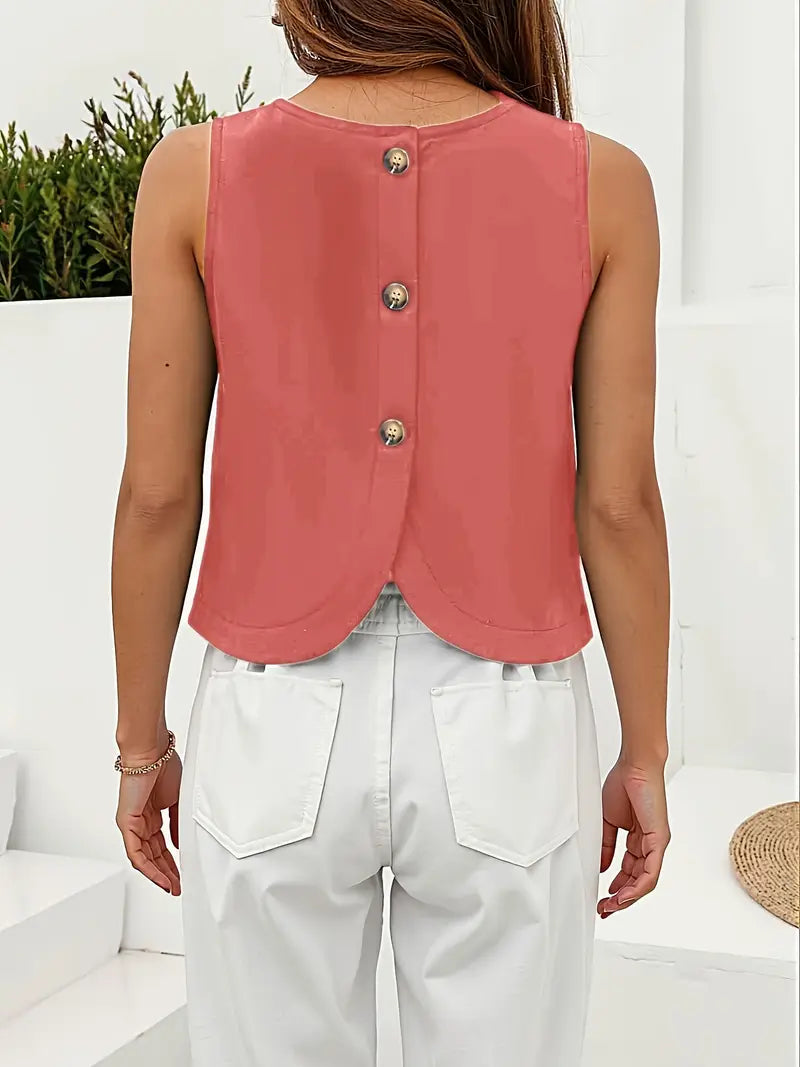 Backless Button-Up Linen Shirt – Sleeveless Round Neck Blouse With Side Slit, Versatile Office And Casual Attire