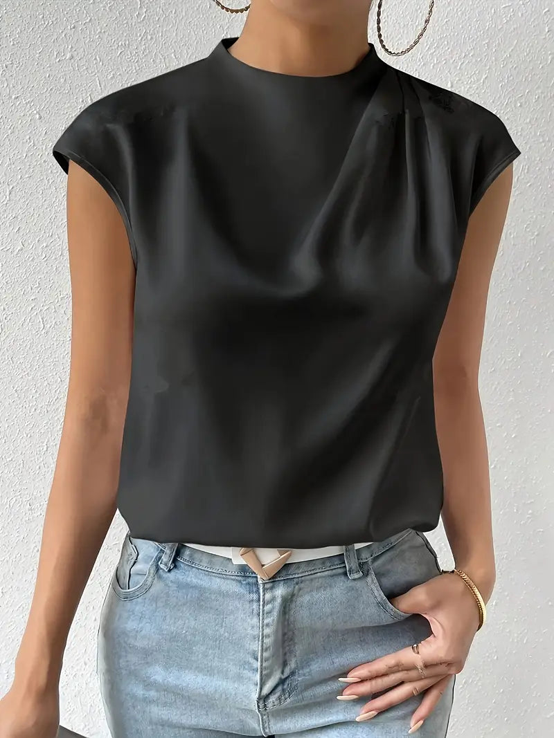 Stylish Black Batwing Sleeve Blouse, Crew Neck Short Sleeve Top With Front Slit, Smooth And Comfortable Top