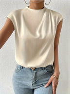 Stylish Black Batwing Sleeve Blouse, Crew Neck Short Sleeve Top With Front Slit, Smooth And Comfortable Top