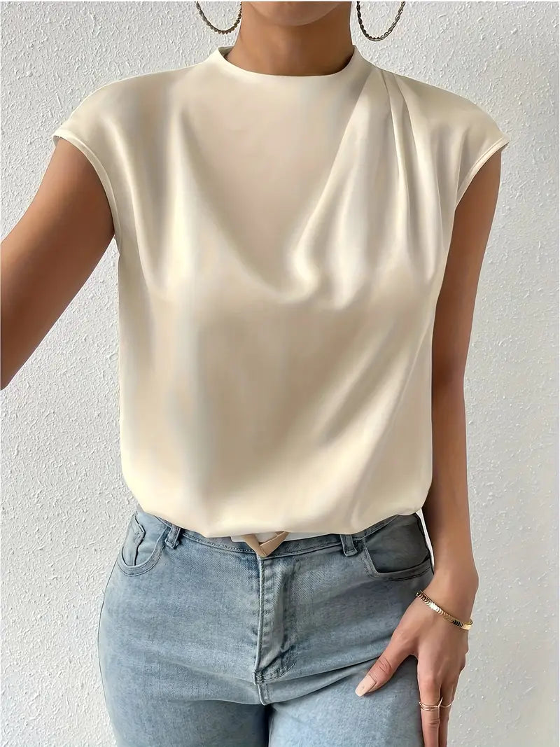 Stylish Black Batwing Sleeve Blouse, Crew Neck Short Sleeve Top With Front Slit, Smooth And Comfortable Top