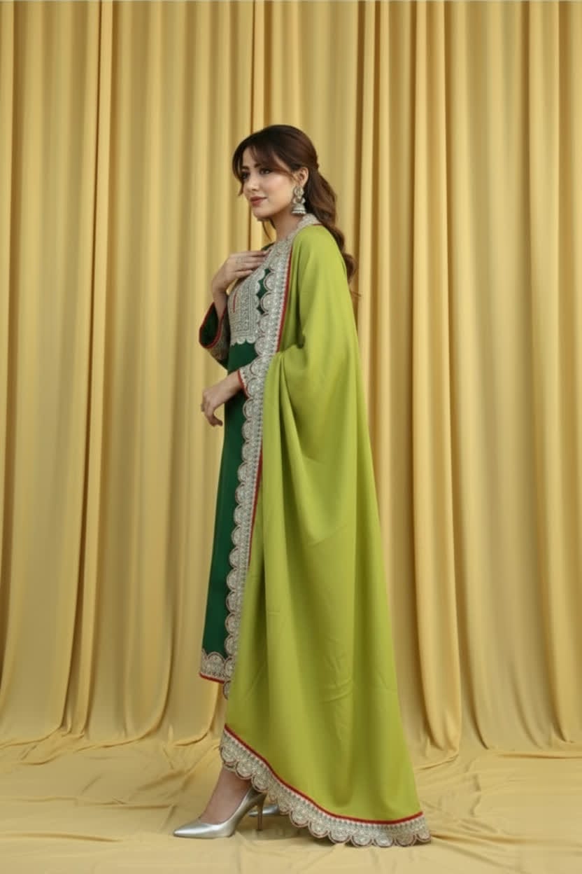 Women’s Traditional Green Silk Kurta Trouser Set – Straight Fit, Light Green Border Dupatta