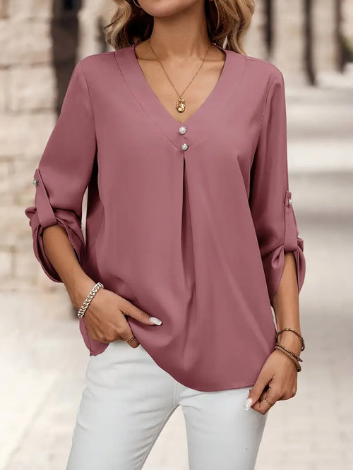 Button-Up Women’s Shirt, V-Neck Long Sleeve Blouse With Sophisticated Design, Casual And Office Fashion Top