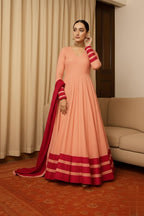 Peach & Red Anarkali Set For Women – Full Flare Long Gown With Contrast Border & Matching Dupatta - Elegant Traditional Outfit With Different Shades.