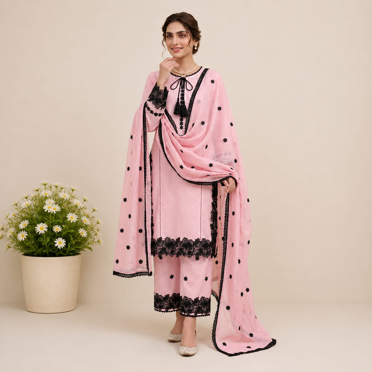 Timeless Monochrome White Straight Kurta With Black Floral Cutwork