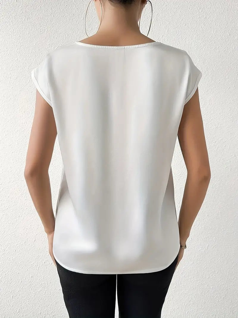 Elegant V-Neck Drop Shoulder Short Sleeve Blouse, Lightweight Breathable Fabric, Casual And Formal Top