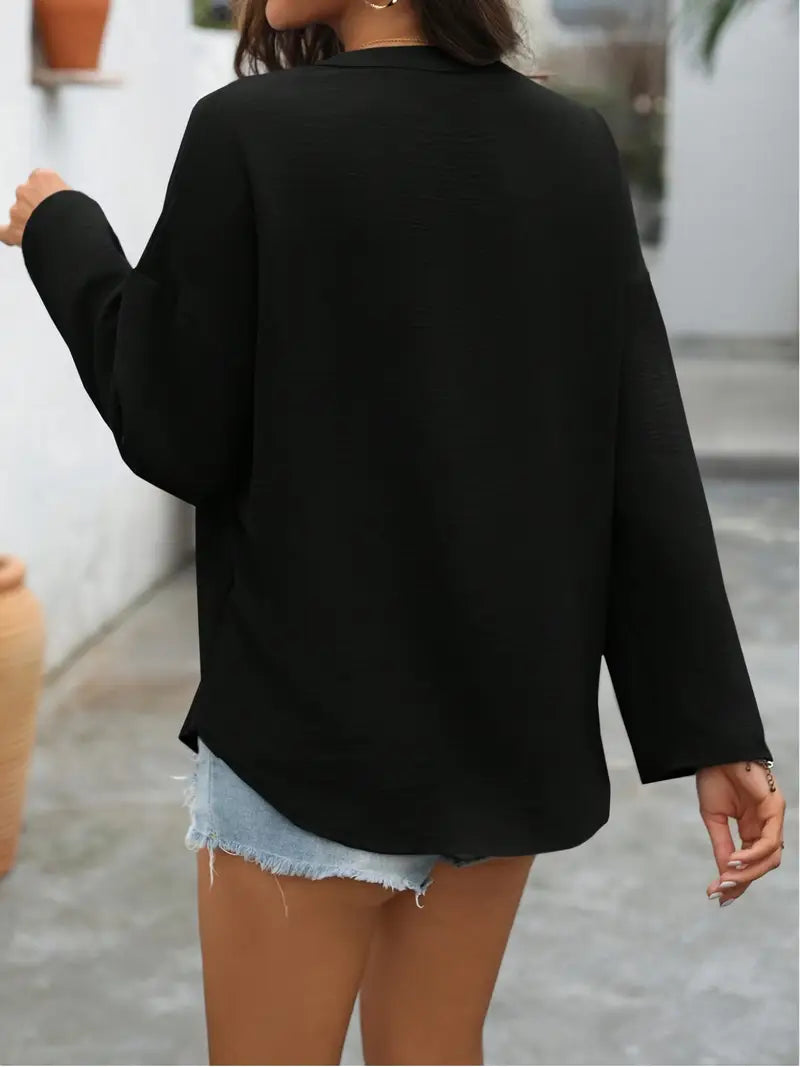 Elegant V-Neck Long Sleeve Shirt – Oversized Comfort Fit, Smooth Fabric, Effortless Everyday Style