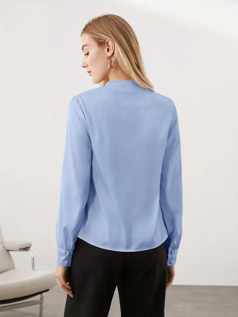 Elegant V-Neck Blouse, Satin Puff Sleeve Top With Buttons, Versatile Fashion
