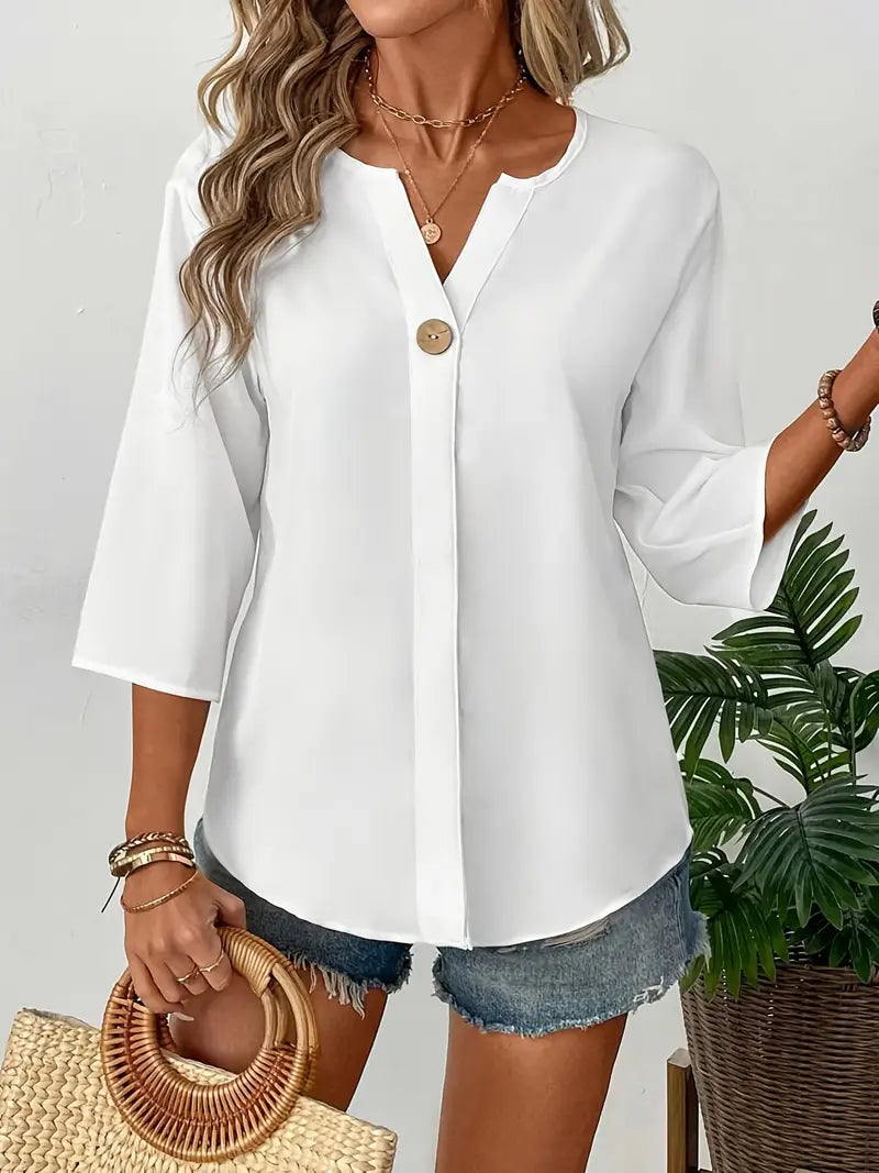 NISWA STYLE Elegant V-Neck Long Sleeve Blouse, Loose Fit Solid Color Button-Up Shirt With Faux Buttons, Lightweight Top For Casuall And Formal Wear