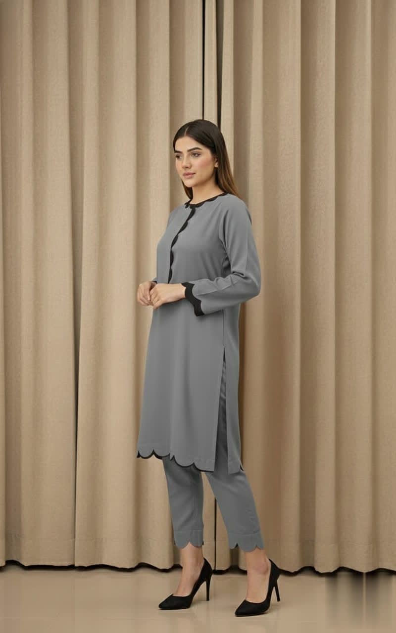 Elegant Cotton 2-Piece Suit – Crew-Neck Chori Piping Shirt With Cutwork Sleeves & Reet Design Trouser | Latest Stylish Women’s Outfit.