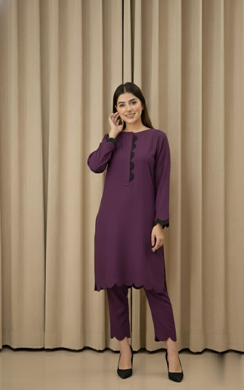 Elegant Cotton 2-Piece Suit – Crew-Neck Chori Piping Shirt With Cutwork Sleeves & Reet Design Trouser | Latest Stylish Women’s Outfit.