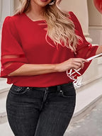 Elegant V-Neck T-Shirt – 3/4 Sleeve  Blouse With Breathable Mesh Panel Top For Casual & Everyday Wear
