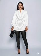 Women’s V-Neck Long Sleeve Blouse - Elegant Pleated Top, Loose Fit Shirt | Casual To Formal Wear | Versatile Fashion Blouse