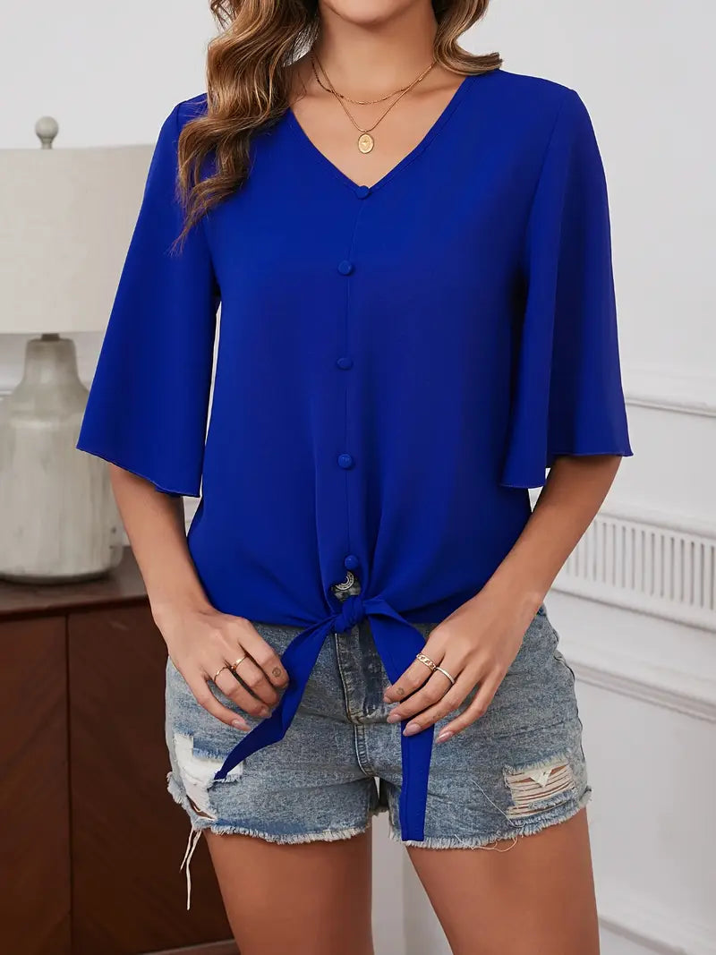 Elegant Blouse –  V-Neck Top With Bell Sleeves And Decorative Buttons For Casual Or Dressy Outfits