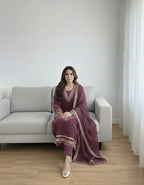 Elegant Women’s 3 Piece Velvet Dress With Lace Work & Chiffon Dupatta Lace Embellishment Sophisticated Ethnic Wear- Festive Edition