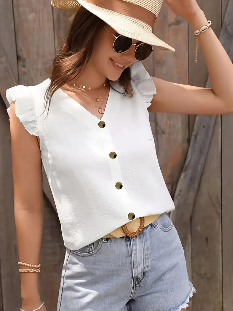 Elegant V-Neck Blouse With Puff Sleeves, Chic Button Down Shirt, Stylish Top Casual And Office Wear