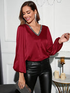 Women's Shiny Sequin V-Neck Puff Sleeve Blouse – Elegant Long Sleeve Deep Burgundy Sparkling Casual Glam Looks
