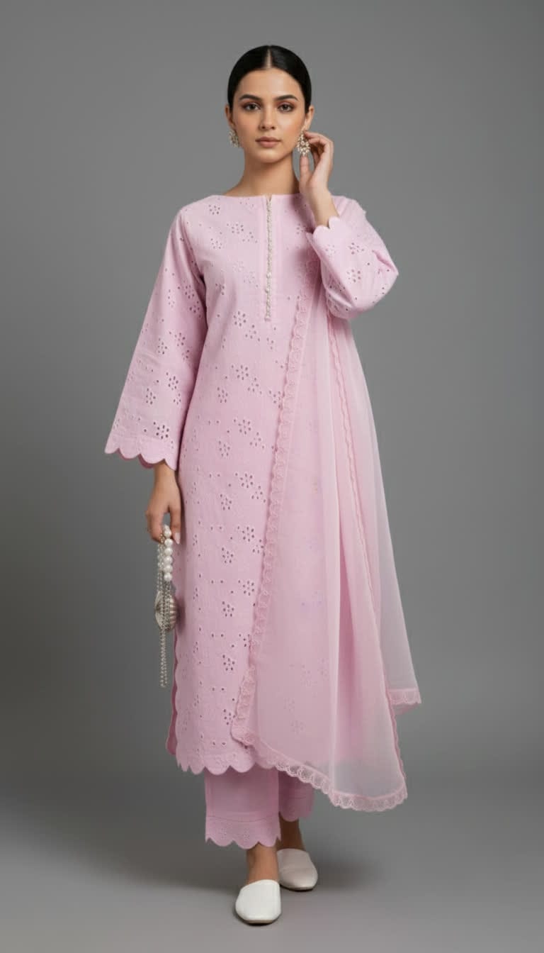 Premium Chikankari Salwar Kameez –  Long Shirt With Scallop Border, Cotton Trouser & Elegant Dupatta - New Light-Shade Collection For Women