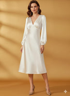 Elegant White Poinsettia Sleeve Slim-Fit Dress – Long Sleeve A-Line Mid-Length Dress With Back Zipper | Winter Formal Coat-Inspired Outfit