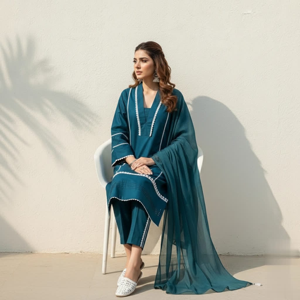 Classic Solid Cotton Ethnic 3-Piece Suit With Lace Embellishment