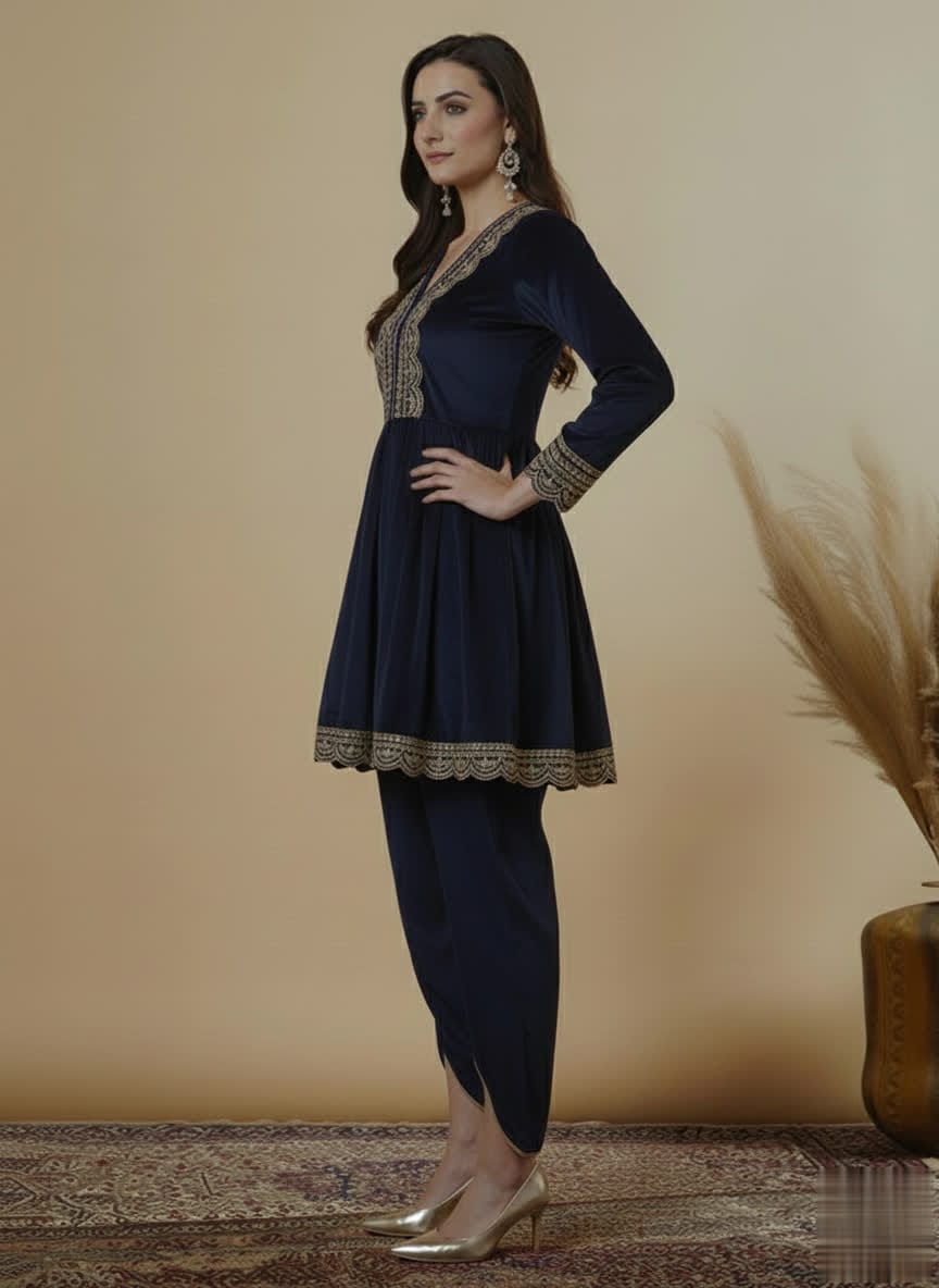 Stylish Lace Work Kurta With Dhoti Pants – Women’s Premium Ethnic Co-Ord Set.