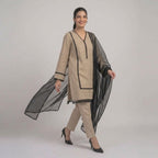 Beige Straight Kurta With Black Zig-Zag Lace