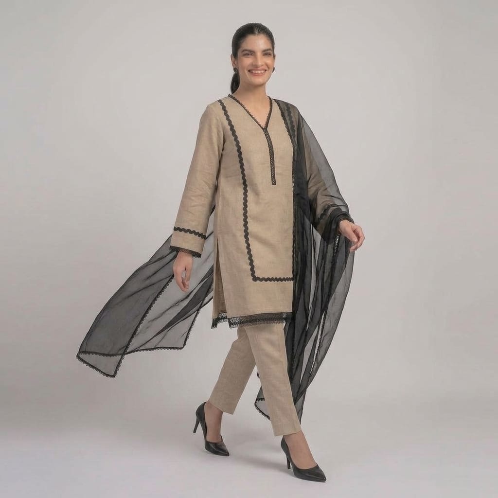 Beige Straight Kurta With Black Zig-Zag Lace