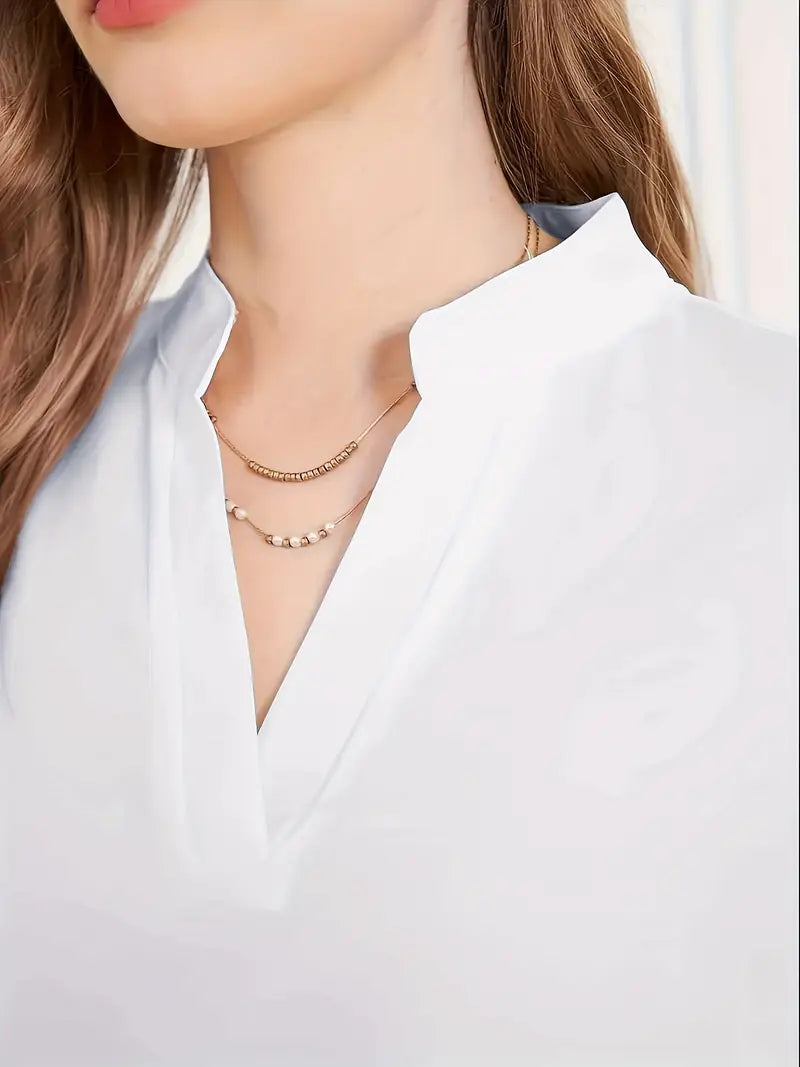 Mid-Sleeve Stand-Up Collar Top, Elegant Casual And Formal Wear, Sophisticated Flowing Silhouette