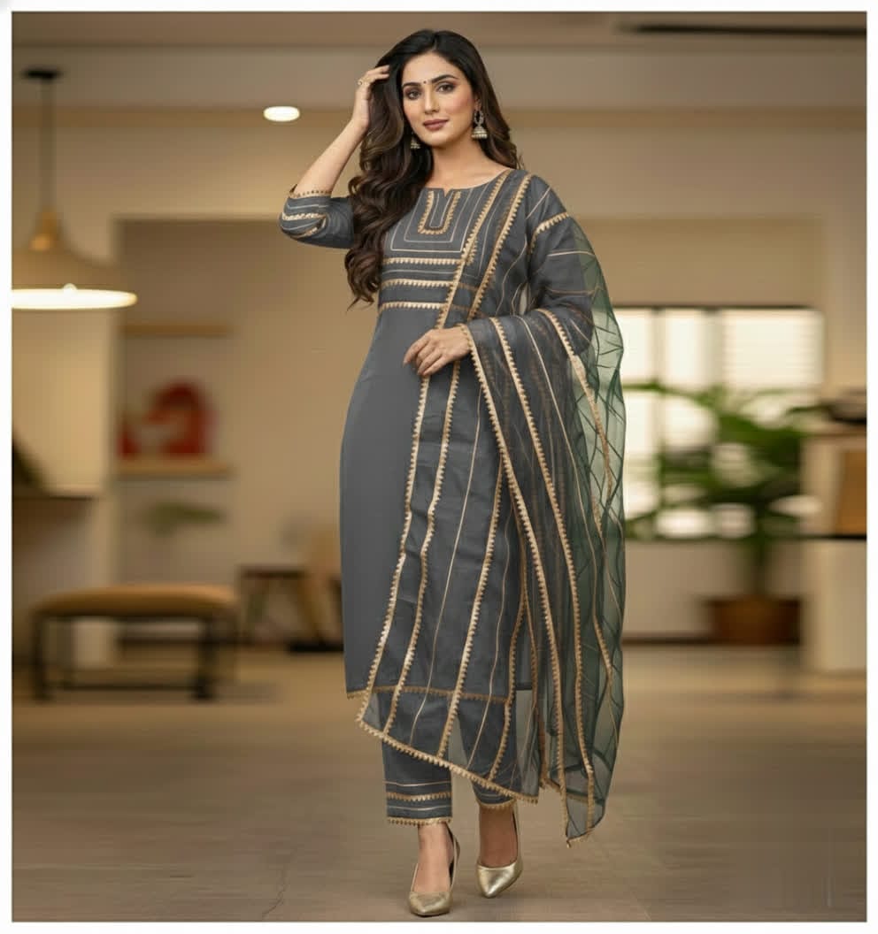 Asymmetrical Gota Patti Kurta Set – Light Gold Embroidered Bodice, Flounce Sleeves, Gold Trim Salwar Kameez With Sheer Gota Dupatta.