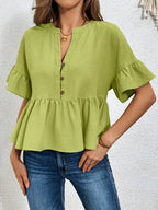 Elegant V-Neck Ruffle Sleeve Blouse – Solid Green Lightweight Top Chic Button Detail Shirt, Non-Transparent Casual Wear