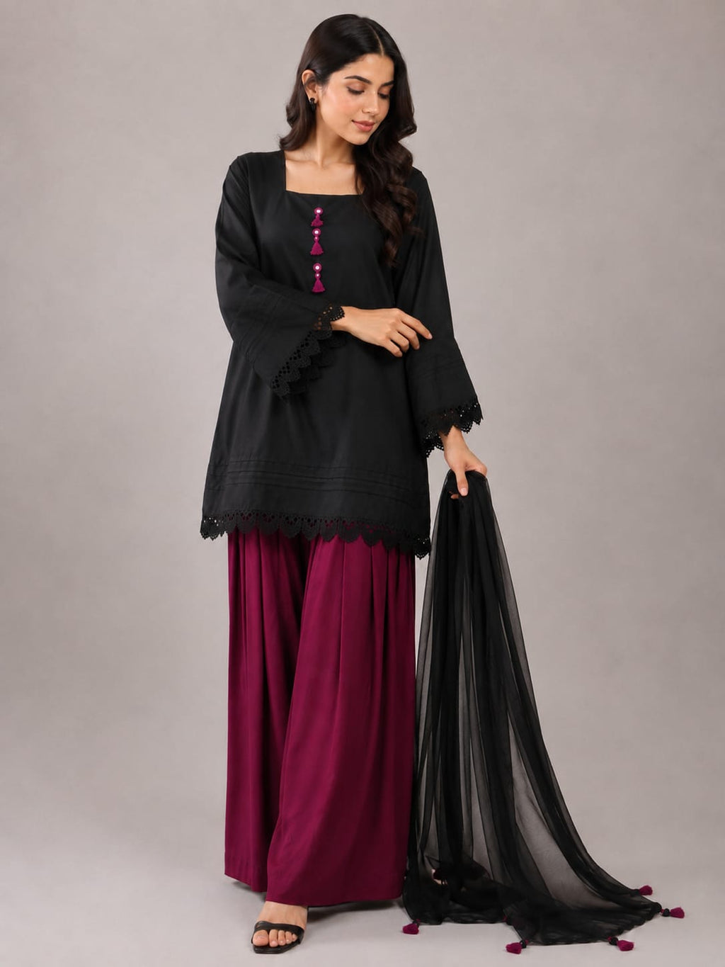 Black Kurti With Magenta Tassels & Farshi Palazzo