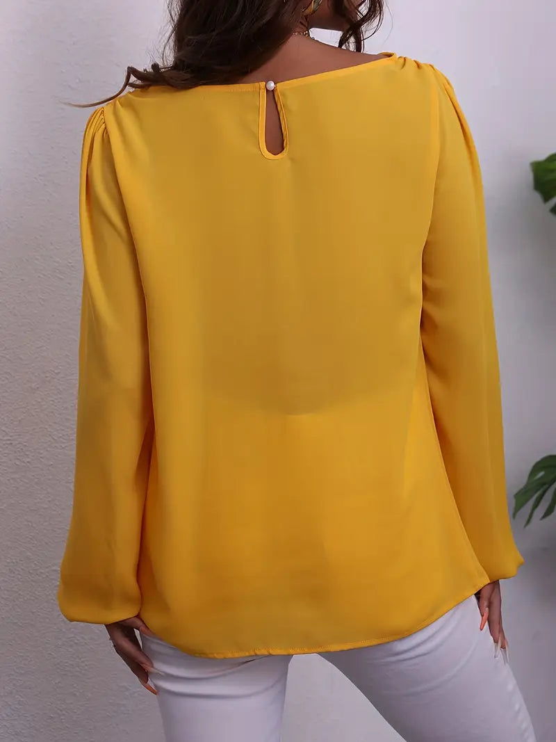 Vibrant Yellow Long Sleeve Blouse – Chiffon Lantern Sleeve Round Neck Shirt, Stylish All-Season Women’s Top