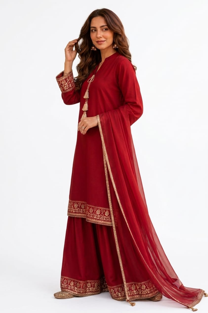 Red Signature Lace Embroidered Cambric Lawn Suit