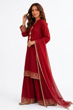 Red Signature Lace Embroidered Cambric Lawn Suit